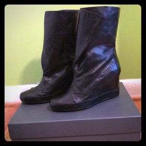 7 for all Mankind black leather wedge boots